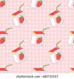 Seamless pattern with cute cartoon strawberry milk boxes