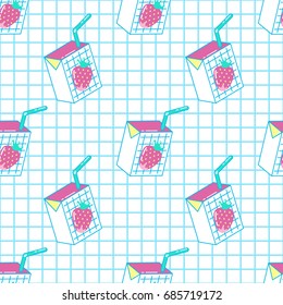 Seamless pattern with cute cartoon strawberry milk boxes