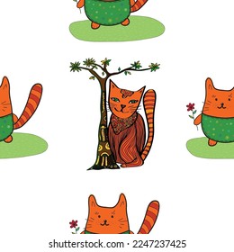Seamless pattern with cute cartoon style cats. Vector illustration.