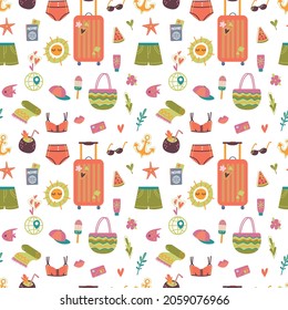 Seamless pattern with cute cartoon summer items for vacation and relaxation by the sea. Suitcase, swimsuit, glasses, etc. Childish style, vector illustration