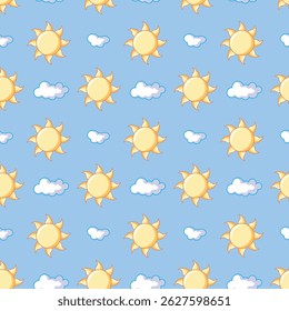 Seamless pattern with cute cartoon suns and clouds in flat style on blue background. Perfect for kids' fabric, school notebooks, summer products, and cheerful nursery-themed designs.