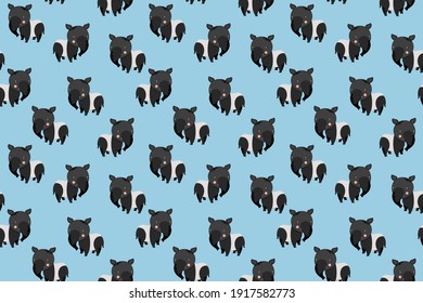 Seamless pattern of cute cartoon tapirs characters with ruddy cheeks. Repeating African animals on a blue background. For children's graphic design, wallpaper, fabric. Vector.