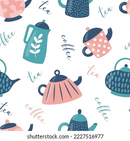 Seamless pattern with cute cartoon teapots. Kettles with different ornament. Tea and coffee or kitchen crockery theme. Vector illustration in flat style on white background.