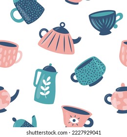 Seamless pattern with cute cartoon teapots and mugs. Kettles and cups with different ornament. Tea and coffee or kitchen crockery theme wallpaper. Vector illustration in flat style.