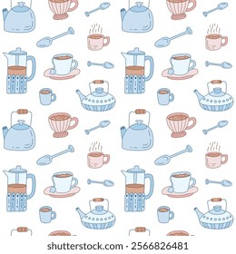 A seamless pattern of cute cartoon teapots, cups, and spoons. Perfect for kitchen designs and food related products