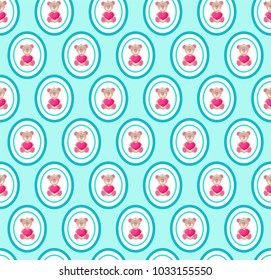 Seamless pattern with cute cartoon teddy bear toys heart in circles. Texture design for baby shower, wedding, birthday, saint valentine's day. Vector illustration