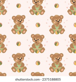 Patrón sin foco, lindo caricatura de peluche con juguete de bola. Impresión infantil, fondo, textil. Vector