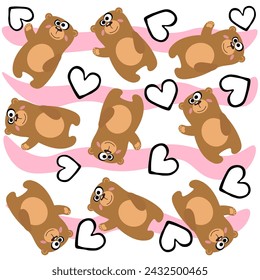 Seamless pattern with cute cartoon Teddy bears and hearts. Vector background for children's design.