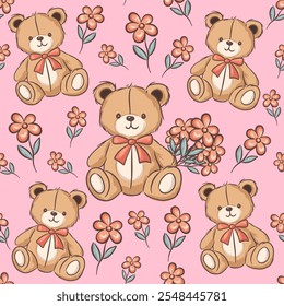 Osos de peluche lindos de la historieta del modelo inconsútil con las flores en un fondo rosado suave para el diseño de la decoración de los niños