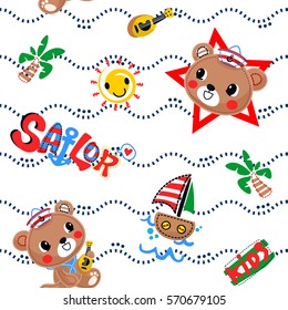 Seamless pattern, cute cartoon teddy bear playing guitar in a sailor costume on dashed lines background illustration vector.