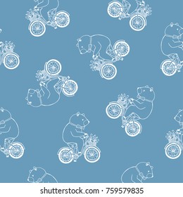 Seamless pattern with cute cartoon Teddy bear wearing bow tie and riding bike with basket full of tulip flowers hand drawn with white lines on blue background. Vector illustration for fabric print.
