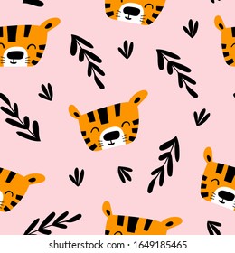 Seamless pattern with cute cartoon tiger face in simple scandinavian style. Flat vector illustration.