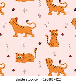 Seamless Pattern With Cute Cartoon Tiger. Cute And Funny Tiger Cub. Stock Vector Illustration.