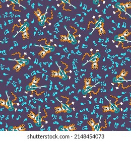Seamless pattern. Cute cartoon tiger playing acoustic guitar. Musical signs. Use it for your design, for textile fabrics, wrapping paper or wallpaper.