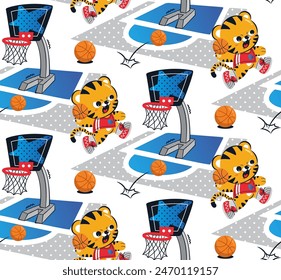 Seamless pattern, Cute cartoon tiger basketball player jumps up to slam dunk isolated on white background illustration vector.