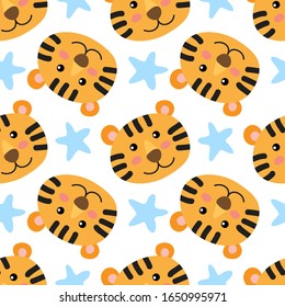 Seamless pattern with cute cartoon tigers vector illustration