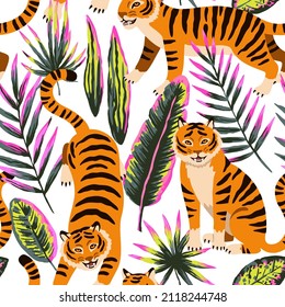 Seamless pattern with cute cartoon tigers and doodle tropical leaves. 