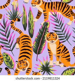 Seamless pattern with cute cartoon tigers and doodle tropical leaves. 