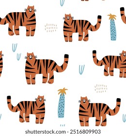 Patrón sin fisuras con lindos tigres de dibujos animados y palmas. Textura de Vector de la selva infantil.