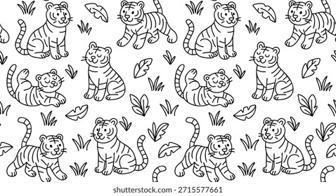 Seamless pattern with cute cartoon tigers in different poses, black outline animal background for kids coloring pages, nursery wallpaper, fabric prints and playful designs. Vector illustration.