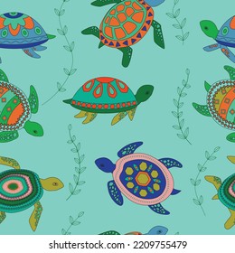 Seamless pattern with cute cartoon tortoise. Vector colorful background with turtles.