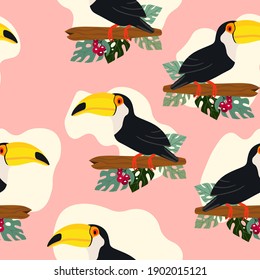 Seamless pattern with cute cartoon toucan bird on branch. Vector illustration for wallpaper, fabric, textile. Summer exotic  print. Tropical toucan with floral monstera leaves. 