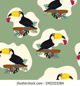 Seamless pattern with cute cartoon toucan bird on branch. Vector illustration for wallpaper, fabric, textile. Summer exotic  print. Tropical toucan with floral monstera leaves. 