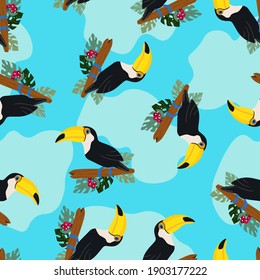 Seamless pattern with cute cartoon toucan bird on branch. Vector illustration for wallpaper, fabric, textile. Summer exotic  print. Tropical toucan with floral monstera leaves. 