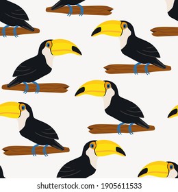 Seamless pattern with cute cartoon toucan bird on branch. Vector illustration for wallpaper, fabric, textile. Summer exotic  print. Tropical toucan with floral monstera leaves. 