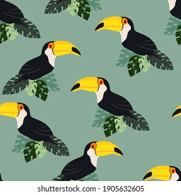 Seamless pattern with cute cartoon toucan bird on branch. Vector illustration for wallpaper, fabric, textile. Summer exotic  print. Tropical toucan with floral monstera leaves. 