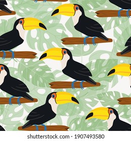 Seamless pattern with cute cartoon toucan bird on branch. Vector illustration for wallpaper, fabric, textile. Summer exotic  print. Tropical toucan with floral monstera leaves. 