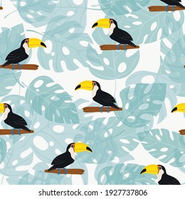 Seamless pattern with cute cartoon toucan bird on branch. Vector illustration for wallpaper, fabric, textile. Summer exotic  print. Tropical toucan with floral monstera leaves. 