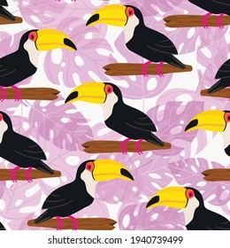 Seamless pattern with cute cartoon toucan bird on branch. Vector illustration for wallpaper, fabric, textile. Summer exotic  print. Tropical toucan with floral monstera leaves. 
