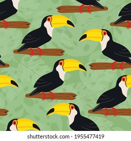 Patrón sin foco con un lindo dibujo de pájaro tocano en una rama. Ilustración vectorial para papel pintado, tela, textil. Impresión exótica veraniega. Tocan tropical con hojas de monstera floral. 