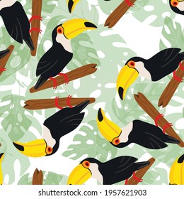 Seamless pattern with cute cartoon toucan bird on branch. Vector illustration for wallpaper, fabric, textile. Summer exotic  print. Tropical toucan with floral monstera leaves. 