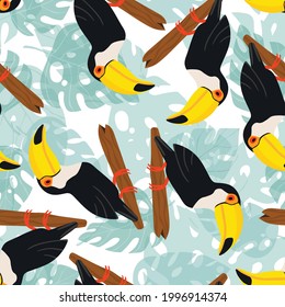 Seamless pattern with cute cartoon toucan bird on branch. Vector illustration for wallpaper, fabric, textile. Summer exotic  print. Tropical toucan with floral monstera leaves. 