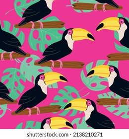 Seamless pattern with cute cartoon toucan bird on branch. Vector illustration for wallpaper, fabric, textile. Summer exotic  print. Tropical toucan with floral monstera leaves. 