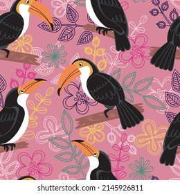 Seamless pattern with cute cartoon toucan bird on branch. Vector illustration for wallpaper, fabric, textile. Summer exotic print. Tropical toucan with leaves
