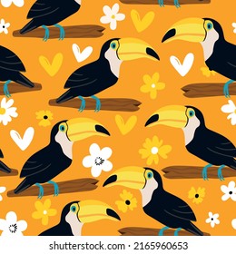 Seamless pattern with cute cartoon toucan bird on branch. Vector illustration for wallpaper, fabric, textile. Summer exotic  print. Tropical toucan with floral monstera leaves. 