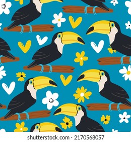 Seamless pattern with cute cartoon toucan bird on branch. Vector illustration for wallpaper, fabric, textile. Summer exotic  print. Tropical toucan with floral monstera leaves. 