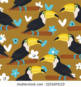 Seamless pattern with cute cartoon toucan bird on branch. Vector illustration for wallpaper, fabric, textile. Summer exotic  print. Tropical toucan with floral monstera leaves. 