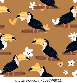 Seamless pattern with cute cartoon toucan bird on branch. Vector illustration for wallpaper, fabric, textile. Summer exotic  print. Tropical toucan with floral monstera leaves. 