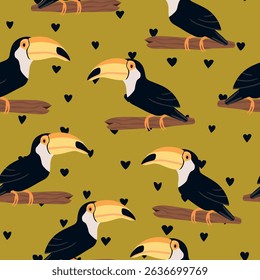 Seamless pattern with cute cartoon toucan bird on branch. Vector illustration for wallpaper, fabric, textile. Summer exotic  print. Tropical toucan with floral monstera leaves. 