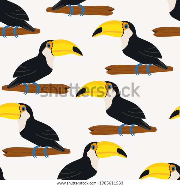 Seamless\
pattern with cute cartoon toucan bird on branch. Vector\
illustration for wallpaper, fabric, textile. Summer exotic  print.\
Tropical toucan with floral monstera leaves.\
