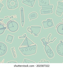 Seamless pattern with cute cartoon traveling elements