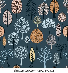 Seamless pattern with cute cartoon trees on blue background