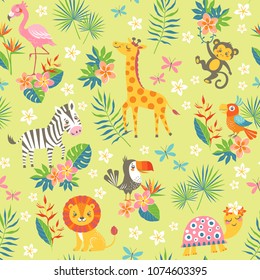 Seamless pattern of cute cartoon tropical animals on green background