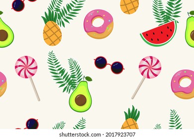 Seamless pattern. Cute cartoon tropical fruits, candies and donuts on beige background. Vector illustration.