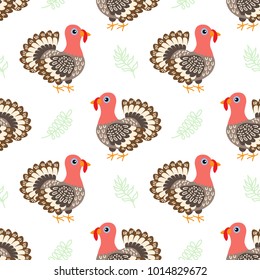 Seamless pattern with cute cartoon turkey vector illustration