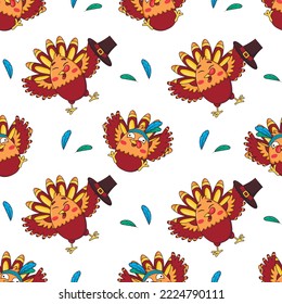 Seamless pattern with cute cartoon turkeys wearing a pilgrim hat and Indian headband with feathers